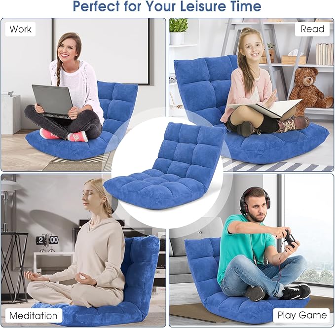 GORELAX Memory Foam Floor Chair 14-Poistion Adjustable Floor Reading Gaming Chair Recliner Folding Cushioned Meditation Chair with Back Support Padded Lazy Sofa Chair for Adults Kids (Blue)