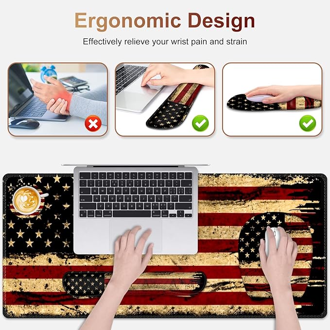Large Mouse Pad with Wrist Support 4in1 Set XXL Game Mousepad + Keyboard Wrist Rest+Mouse Wrist Rest+Coaster with Ergonomic Design Gaming Mat for Home Office Table Computer I Retro USA Flag