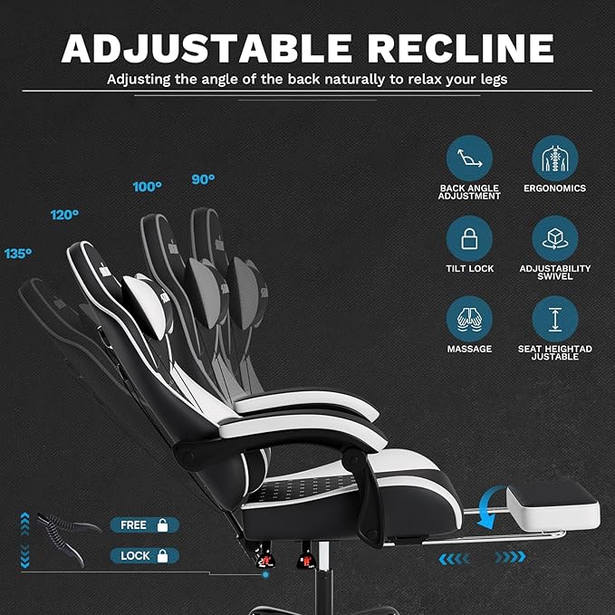 Ergonomic Video Gamer Chairs Gaming Computer Chair Gamer Chairs for Adults Massage Lumbar Support Swivel Height Adjustable Headrest Backrest