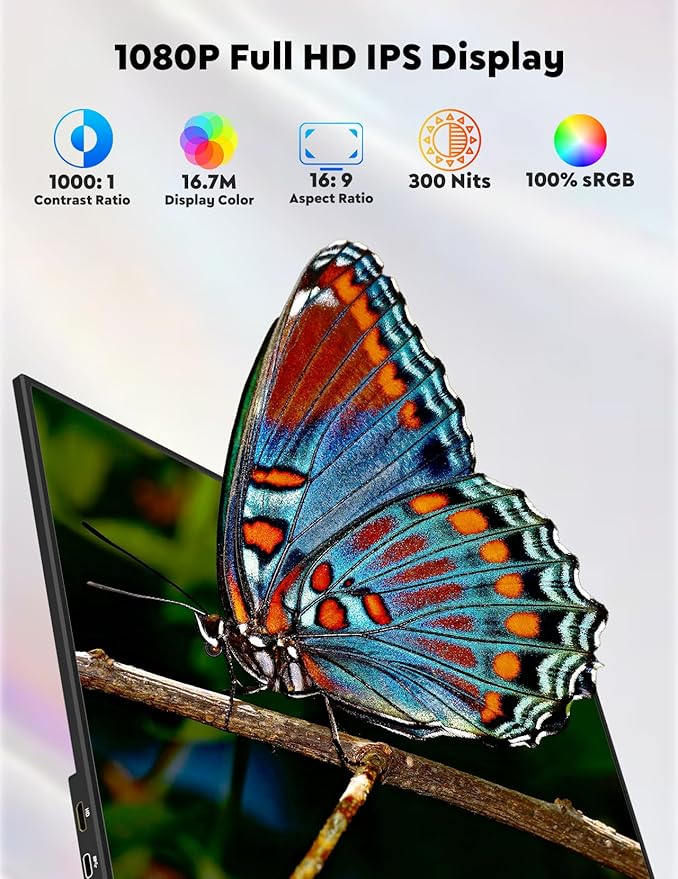 15.6” Portable Monitor with Adjustable Stand 1080P FHD IPS Screen Extender USB-C/HDMI Port Ultra Slim Travel Monitor with Eye Protection Plug and Play for Laptop/PC/Mac/Android/Switch/PS5