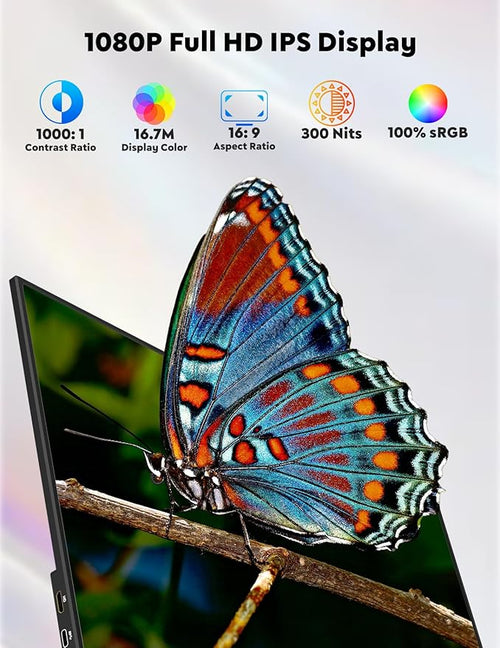 15.6” Portable Monitor with Adjustable Stand 1080P FHD IPS Screen Extender USB-C/HDMI Port Ultra Slim Travel Monitor with Eye Protection Plug and Play for Laptop/PC/Mac/Android/Switch/PS5