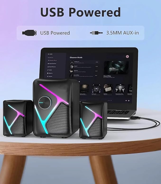 CORN 2.1 Gaming Speakers with RGB Gradient Light PC Speakers with Dynamic Sound USB Powered &amp 3.5mm Aux Desktop Computer Speakers with Volume Control Compatible with PC Laptop PS4 TV Phone