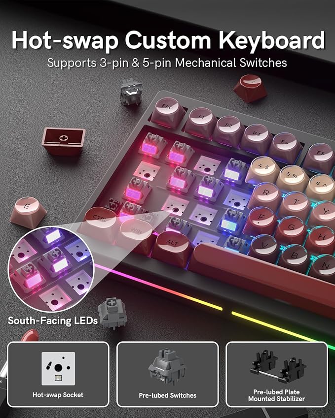 MT75 Lipstick Wireless Mechanical Keyboard 75% Layout Hot Swap Gasket Custom Structure Creamy Pre-lubed Switches Gaming Keyboard with MOA Jelly Keycaps RGB Backlit BT5.0/2.4G/USB-C Mode