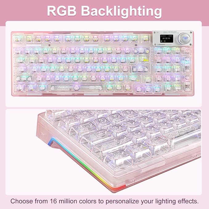 F98 Pro 95% Hot-Swappable Mechanical Keyboard – Transparent Keycaps RGB Backlit Gaming Keyboard Tri-Mode BT5.0/2.4G/USB-C OLED Display 4000mAh Battery Pink
