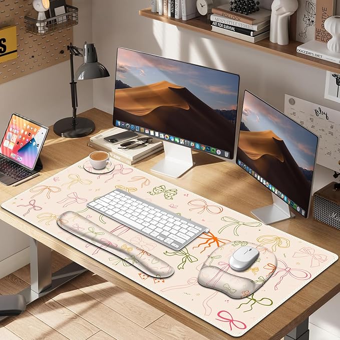Apricot Mouse Pad with Wrist Support 4 in1 Set XXL Big Game Mousepad + Keyboard Wrist Rest + Mouse Wrist Rest Pad +Coaster Gaming Mat for Home Office Work Computer I Colorful Cute Girl's Bow