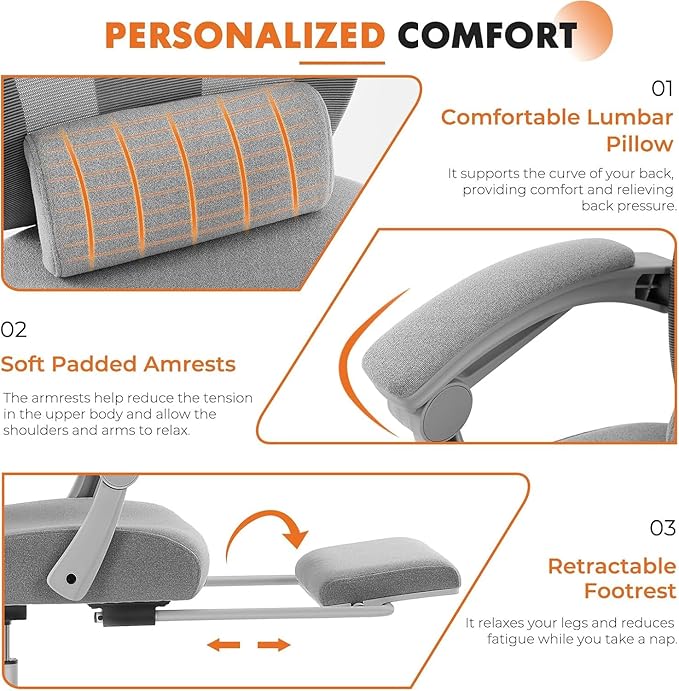 Ergonomic Office Chair with Footrest Comfortable Desk Chair Gaming Chair with Leg Rest Swivel Mesh Desk Chair with Headrest and Lumbar Support for Home Office Work Study Grey
