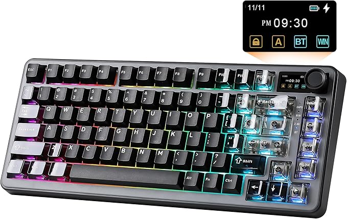 YUNZII B75 PRO MAX QMK/VIA Wireless Mechanical Keyboard75% Layout with Screen and KnobCustom Hot Swap GasketCreamy Pre-lubed SwitchesBluetooth/Type-C/2.4G for Win/Mac (BlackCocoa Cream V2 Switch)