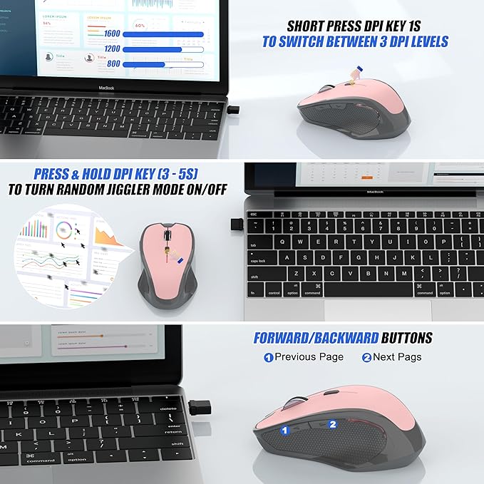 Bluetooth Wireless Mouse for Mac MacBook Air iPad Pro PC Ergonomic Rechargeable Computer Mouse with Jiggler Mode 3 DPI Levels &amp Forward/Back Buttons Laptop Mice for Office/Home/School Pink