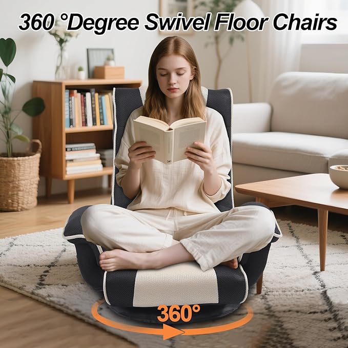 Swivel Floor Chairs for Adults Floor Gaming Chair with Extra Wide Arms Back Support 14 Angles Adjustable Comfortable Double Mesh Fabric Lazy Sofa for Video Game Chairs 201 (Grey + Beige)