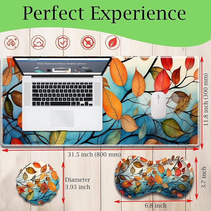 Mouse Pad Set Large Gaming Mouse Pad (31.5X 11.8 inches)+ Wrist Rest Pad + Coaster Ergonomic Wrist pad Home Office Desk Accessories Decor Supplies Leaves and Branches