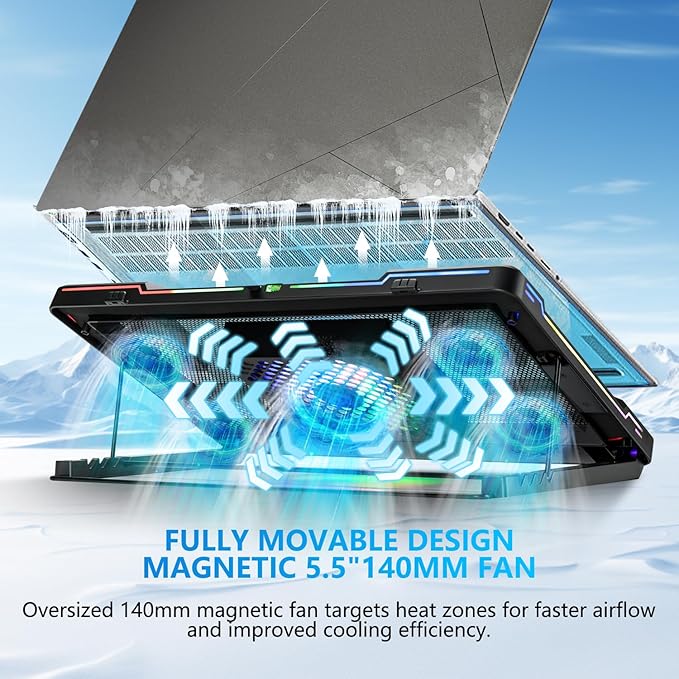 G-STORY Gaming Laptop Cooling Pad with Movable Fan and Automatic Speed Adjustable by TemperatureMusic Sync RGB LightLow Noise Laptop Cooler 3 Speed 1500/1750/2000RPM(140MM) Stand 12–18 Notebook