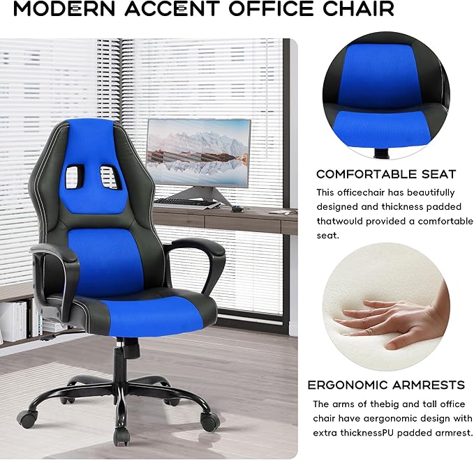 MKDLUFEI Video Game ChairErgonomic Office Chair Desk Chair and Lumbar Support PU Leather Recliner with HeadrestHeight Adjustable Computer Chair for Adults (Blue)