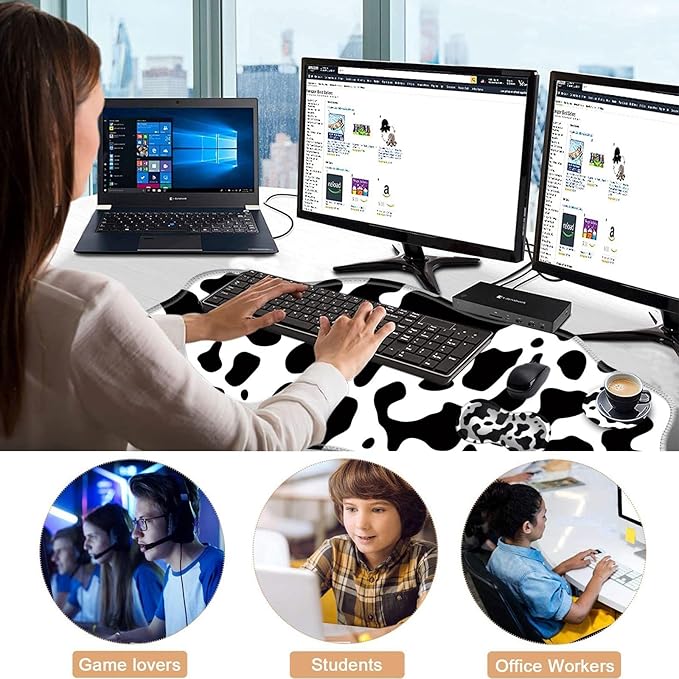 Mouse Pad with Wrist Support + Desk Mat + Coaster 3 in 1 Set XXL Large Gaming Mousepad Ergonomic Mouse Pads for Desk Computer Laptop OfficeCute Cow Print