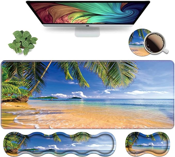 Ergonomic Keyboard Wrist Rest &amp Mouse Pad Wrist Rest Set Large XXL Gaming Desk Mat 31.5x 11.8 Non-Slip Base Memory Foam Easy Typing Pain Relief for Office &amp Home Shore Palms Tropical Be