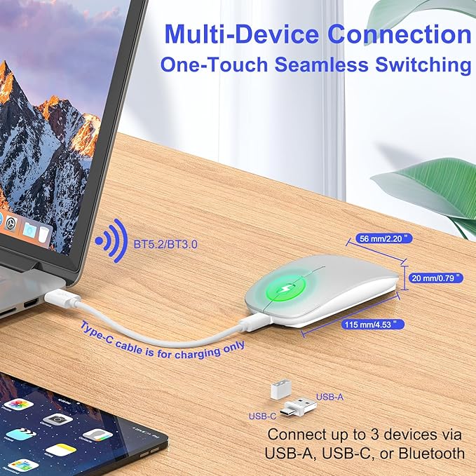 Bluetooth Wireless Mouse for MacBook Air Mac Pro iPad Laptop Computer Pad Optical Rechargeable Slim Silent Dual Mode (2.4G USB-C/USB-A&ampBluetooth 5.2/3.0) Mouse Jiggler for Computer Awakening - Sil