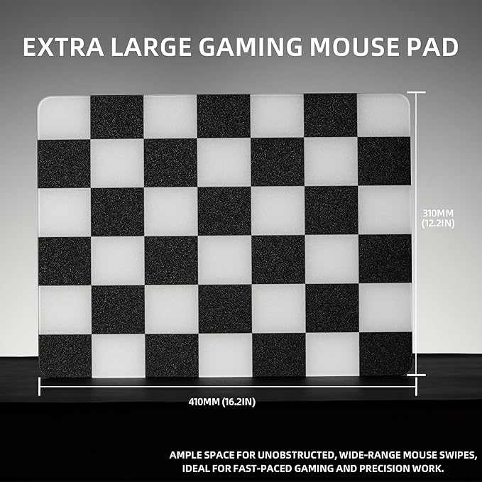 XVX Black &amp White Checkerboard Tempered Glass Gaming Mouse Pad Large Hard Mouse Mat 410mm×310mm Ultra-Smooth Glass Surface for Speed &amp Precision Control