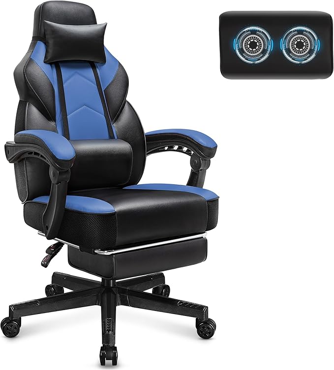 Video Game Chair for Adults Gaming Chair with Footrest Big and Tall Computer Chair with Massage Lumbar Support 330lbs Weight Capacity Adjustable Height 360° Swivel Seat and Headrest (Blue)
