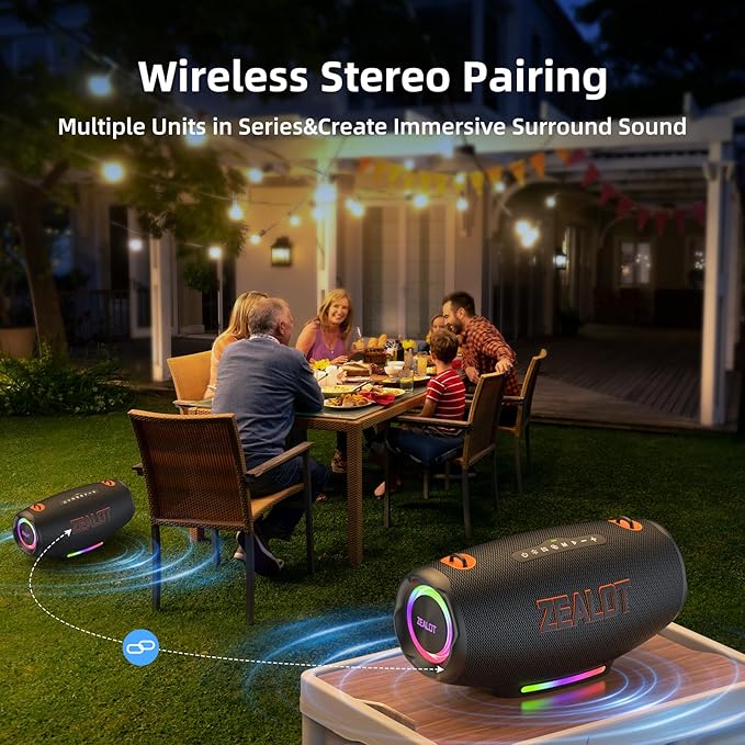 ZEALOT Bluetooth Speaker 120W MAX Loud Portable Outdoor Speaker Bluetooth with Bidirectional Fast Charging/LED Lights/IPX6 Waterproof/Power Indicator/EQ/TF/AUX