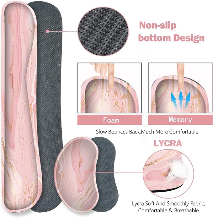 ARTSO Extended Gaming Mouse Pad Set Keyboard Wrist Rest Support Pad + Wrist Cushion + XXL Large Mouse Pad + Coaster Stitched Edge Non-Slip Memory Foam Desk Mat Pink Gold Marble