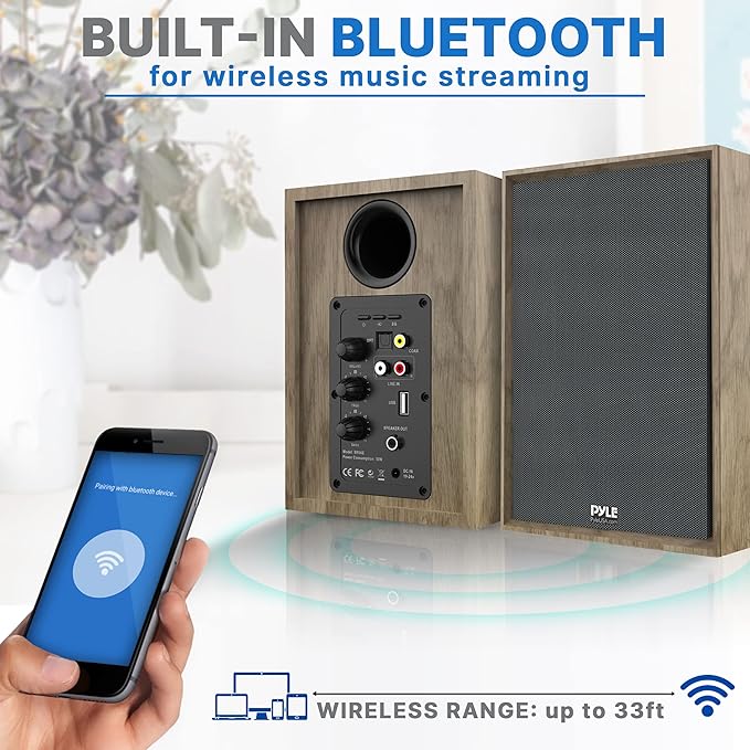 PyleUsa Powered Bookshelf Speaker Monitors HiFi Studio Monitor Computer Desk Stereo Speaker System Opt/Coax/RCA/USB/AUX Out Connection VOL/TREB/BASS Control Studio Sound Wood - PBKSRB40