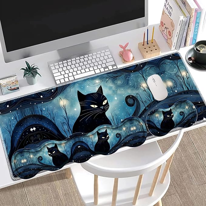 Large Gaming Mouse Pad + Keyboard Wrist Rest + Wrist Support + Coaster Set Memory Foam Ergonomic for Easy Typing XXL Extended Gaming Mouse Pad Table Pad - A Cat in The Moonlight