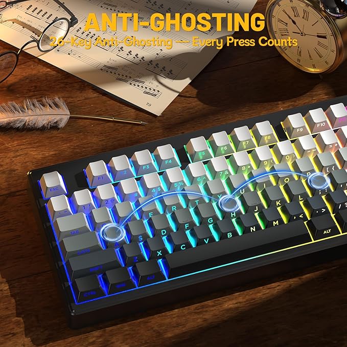 M87V2 87 Keys Membrane Gaming Wireless Keyboard80% TKL Layout Side Printed Keys Retro Cute CreamyRGB Backlit 4000mAh 2.4G/BT/Wired Computer Silent Keyboard for MAC PC-Gradient Black
