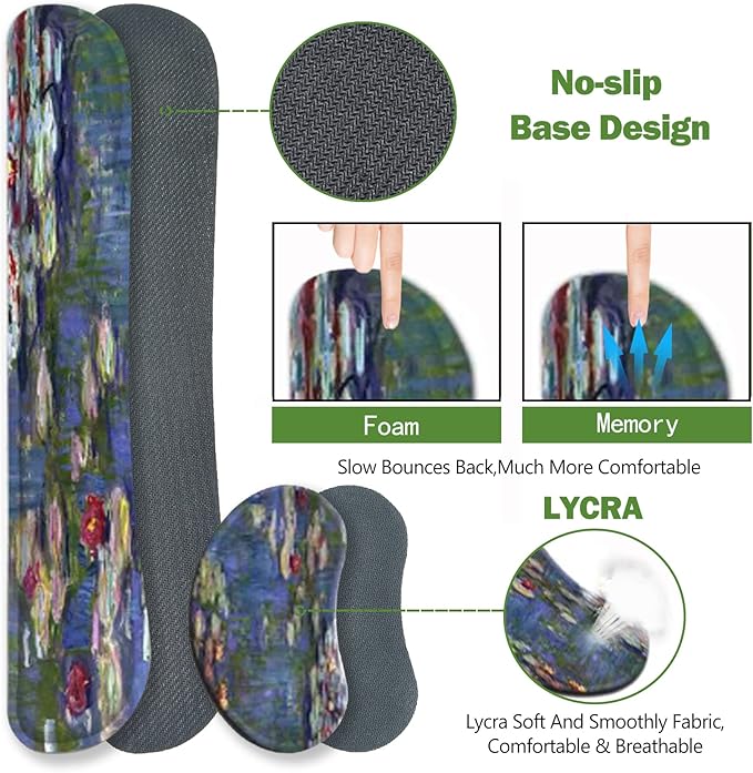 ToLuLu Extended Gaming Mouse Pad Memory Foam Ergonomic Keyboard Mouse Wrist Rest Support Set Large Desk Mat with Stitched Edges Non-Slip Base Mousepad for Home Office Game Monet Water Lilies