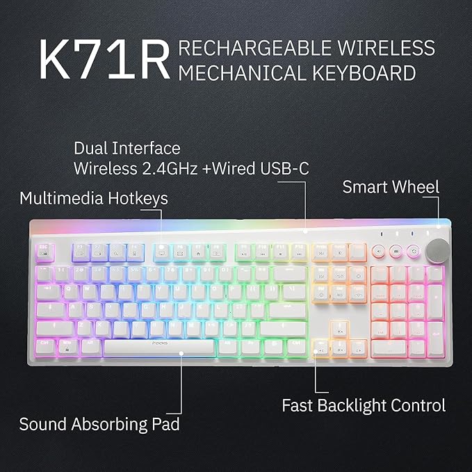 iRocks K71R Wireless RGB Mechanical Gaming Keyboard Switches BrownPBT 107 Keys NKRORGB Backlit Pro Gaming Keyboard Dual Wireless/Wired Windows Laptop PC MacWhite (Blue Switch)