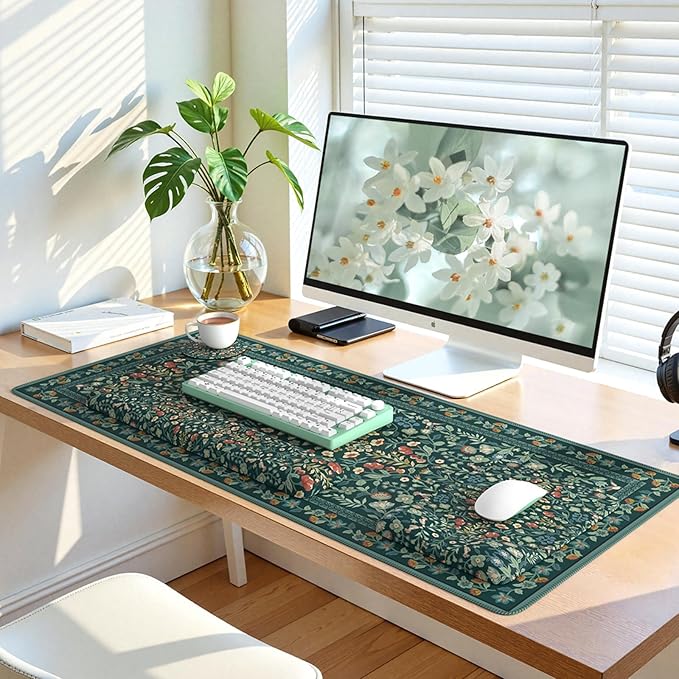 iLeadon Mouse Pad and Keyboard Wrist Rest Extra Large Mouse Pad Set Memory Foam Wrist Support for Keyboard Ultra Smooth Dark Green Desk Mat Sets for Office Women(Floral)