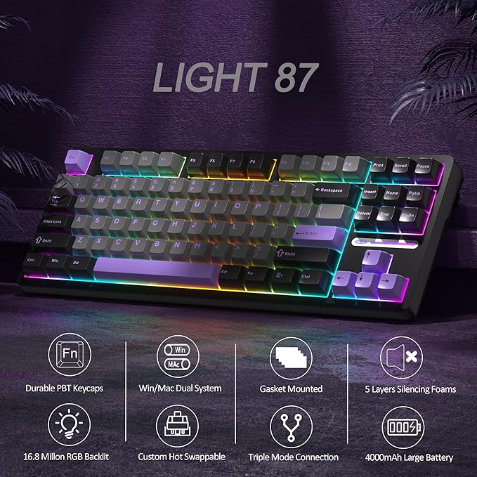 MageGee LIGHT87 Wireless Creamy Keyboard Gasket Structure Hot Swappable Mechanical Keyboards 2.4G/USB-C/BT5.0 RGB Backlit Gaming Keyboard for Win/Mac/PC 4000mAh Battery PBT Keycaps Purple