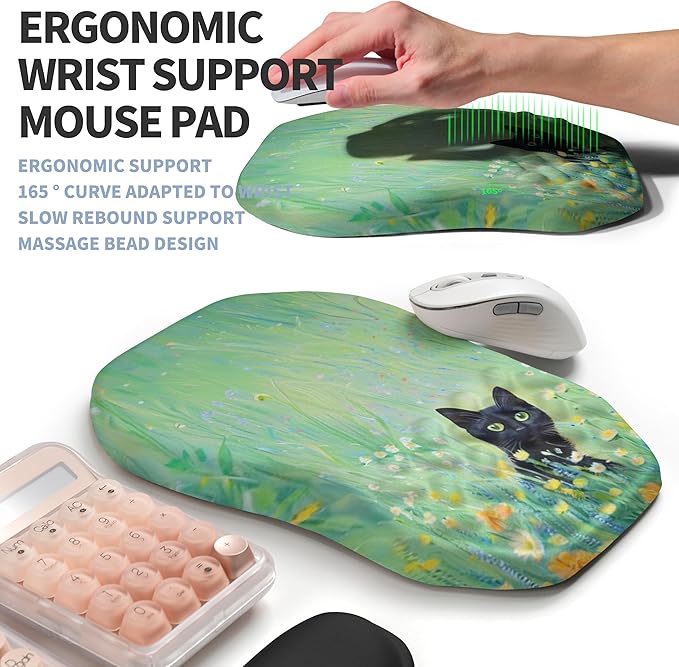 2-in-1 Ergonomic Set Wave Keyboard Wrist Rest and Massage Slope Mouse Pad Wrist Support Rebound Memory Foam for Relieve Carpal Tunnel Syndrome and Wrist Pain (Oil Painting Cats)