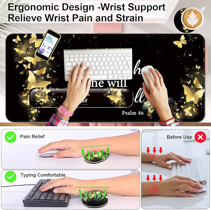 Keyboard Wrist Rest + Mouse Pad with Wrist Support + Desk Mat + Coaster 4 in 1 SetDesk Matt for DesktopCute Large Gaming Ergonomic Mousepad for Computer Laptop Office Home Decor-Gold Butterfly