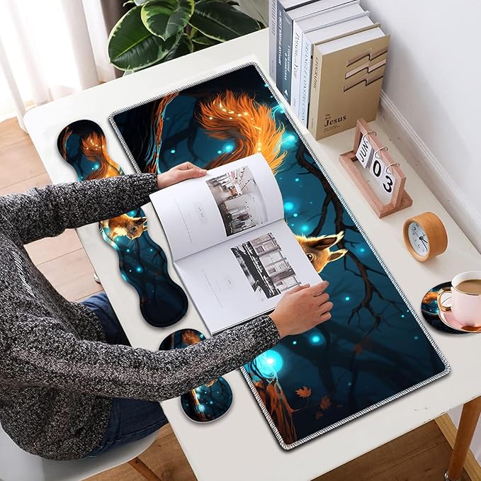 4 in 1 Mouse Pad Combo Large Gaming Mouse Pad + Keyboard Wrist Support + Mouse Wrist Rest + Coaster Table Pad 31.5 x 11.8 with Memory Foam Ergonomic Wrist Pad Set Glowing Squirrel