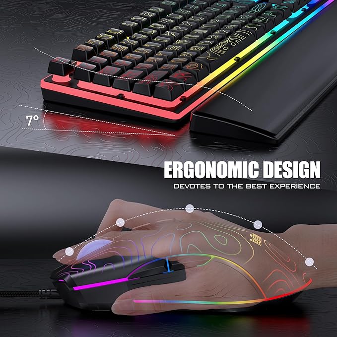 RedThunder K10 Wired Gaming Keyboard &amp Mouse Combo with Wrist Rest Adjustable RGB Mechanical Feel Anti-ghosting Keyboard + 7D 7200 DPI Mouse+Soft Leather Wrist Rest for PC Gamers (Black Lines)