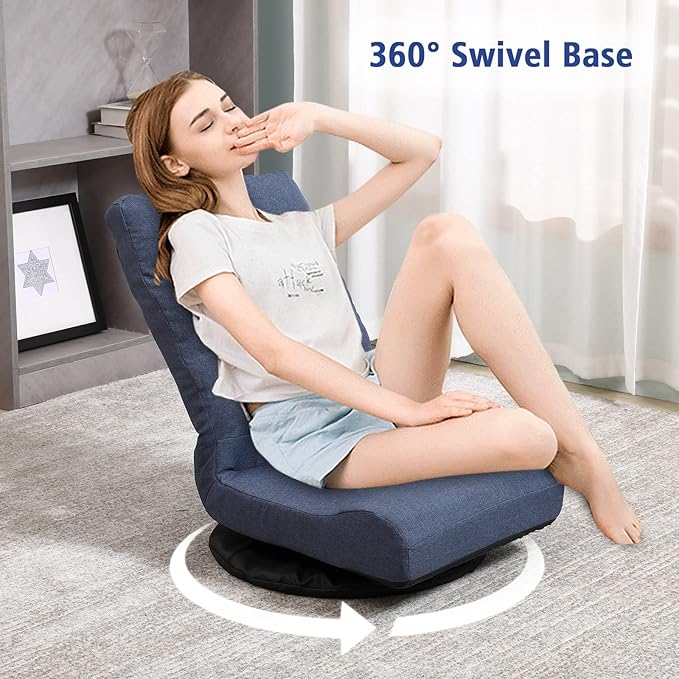 Swivel Floor Chair for Adults with Back Support Adjustable Floor Gaming Chair for TV Reading Playing Video GamesFloor Lounge Chair with Lumbar Support Folding Design 8858Z(Blue)