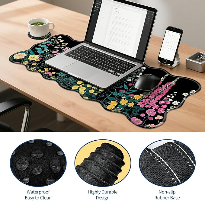 4-in-1 XXL Gaming Mouse Pad Set (31.5x11.8) with Keyboard Wrist RestMouse Wrist Support &amp CoasterNon-Slip Desk Mat for Office、Home、GamingGarden Flowers