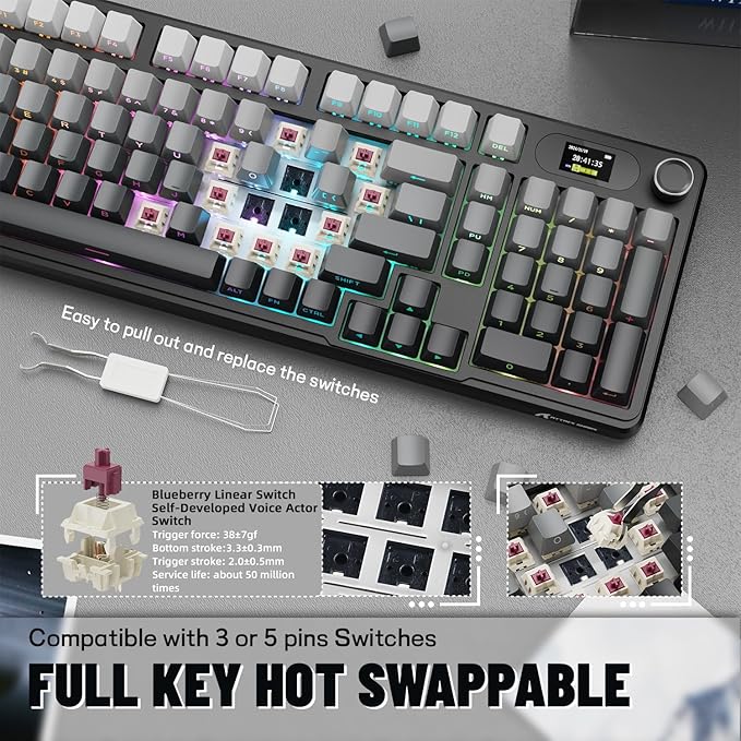 MAMBASNAKE Attack Shark X98 Pro Wireless Mechanical Keyboard with Screen &amp Knob2.4G/USB-C/BT5.0 Gasket Hot Swappable Creamy Keyboard102 Keys Web Driver RGB Gaming Keyboard for PC/Mac/PS4/Xbox