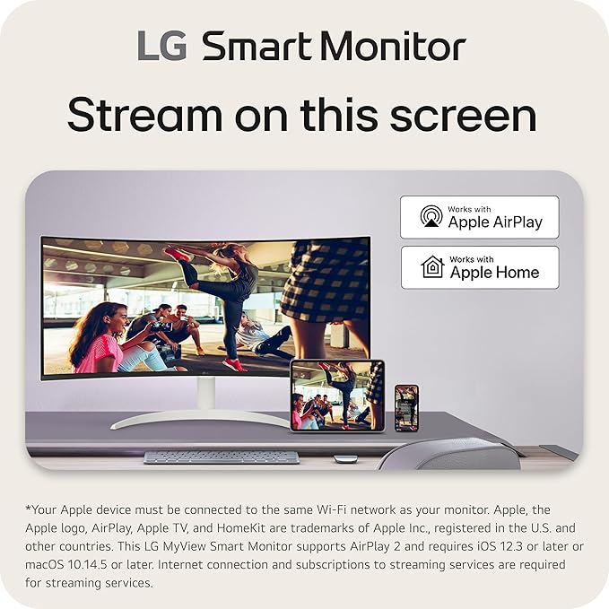 LG 34SR60QC-W 34-inch QHD (3440x1440) Curved Smart Monitor with Streaming UltraWide Screen webOS HDR10 100Hz Built-in Speaker AirPlay2 Screen Share Bluetooth ThinQ App White