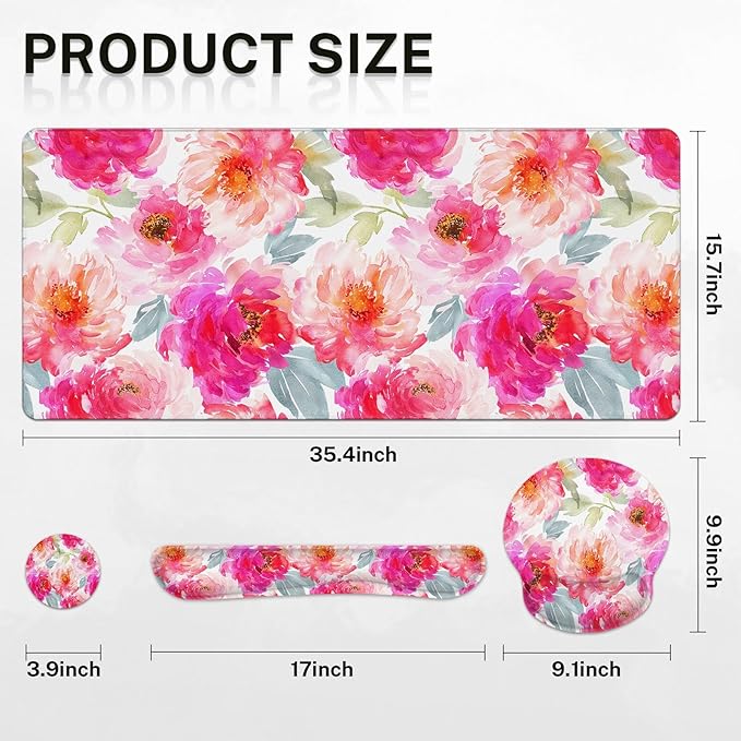 Arttown Flower Floral Pink Desk Mat Peony Spring Summer Mouse Pad Set 4-in-1 Large Mousepad+Keyboard Wrist Rest+Mouse Wrist Rest+Coaster with Ergonomic Design Non-Slip Mat