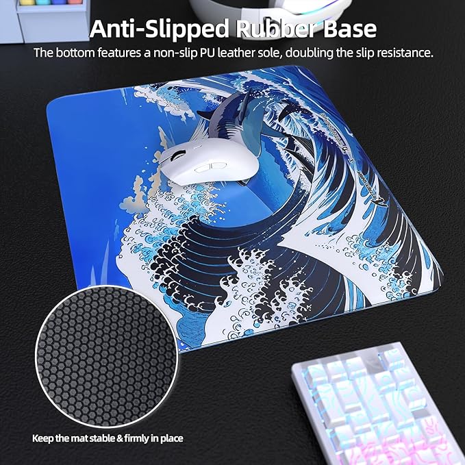 ATTACK SHARK CM05 Glass Gaming Mouse Pad17.7x15.7 in Large Mouse MatNon Slip 9H Hard MousepadsNano-Textured Glass Surface with Improved Precision and Speed for FPS/MOBA-Wave SharkBlue