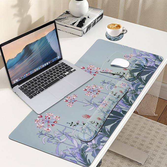 MEGREZ 4-in-1 Ergonomic Memory Foam Wrist Rest Set Desk Pad Mouse Pad with Wrist Rest Keyboard Pad Suitable for Office Workers Programmers &amp Gamers–Relieve Typing &amp Gaming Fatigue Blue G