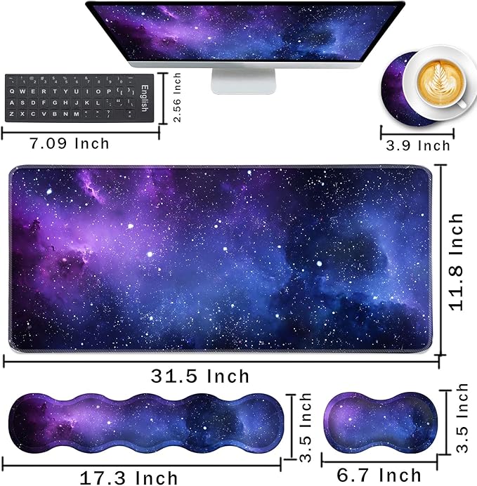 Keyboard Wrist Rest and Mouse Pad with Wrist Support Set Ergonomic CoasterMemory FoamEasy Typing Pain ReliefLarge XL Desk Mat 31.5x 11.8Galaxy Design