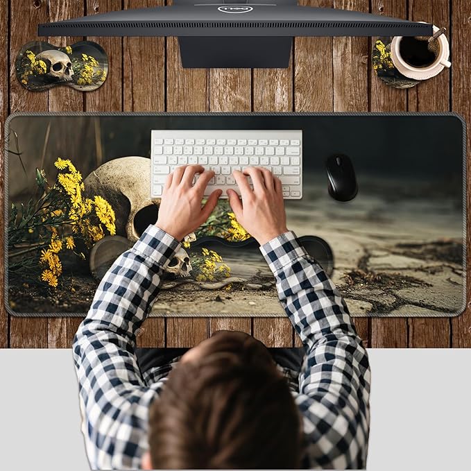 Ergonomic Keyboard Wrist Rest &amp Mouse Pad Wrist Rest SetXL Gaming Desk Mat 31.5x 11.8Non-Slip BaseMemory FoamEasy Typing Pain Relief for Office &amp HomeSkull Wildflowers