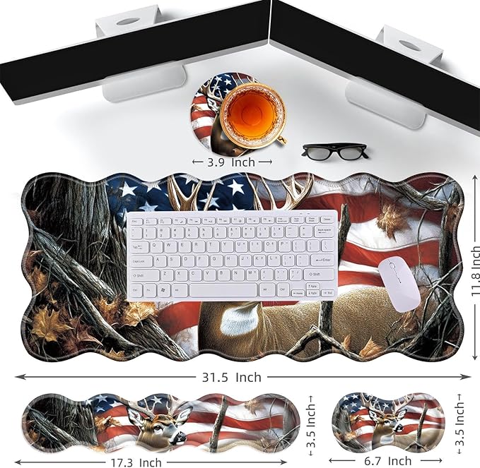Large Gaming Mouse Pad Keyboard Wrist Rest Pad &amp Wrist Support Mousepad Set Stitched Edge Extended Non-Slip Base Memory Foam Desk Mat for Office HomeDeer Tree Forest American Flag