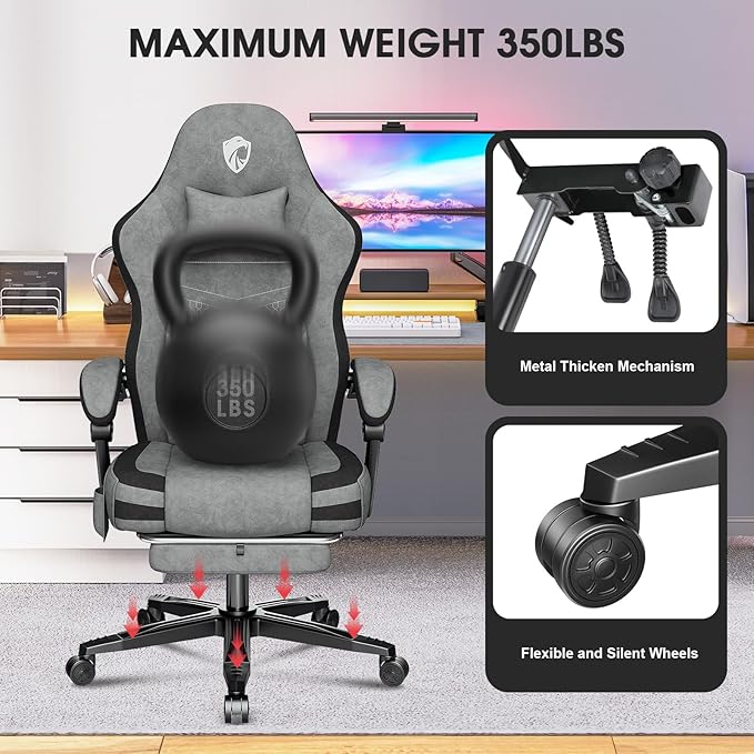 Gaming Chair Fabric Computer Office Chair with Massage Ergonomic Chair with Footrest Lumbar Support Pocket Spring Widened Cushion Metal Legs 350LBS Light Gray