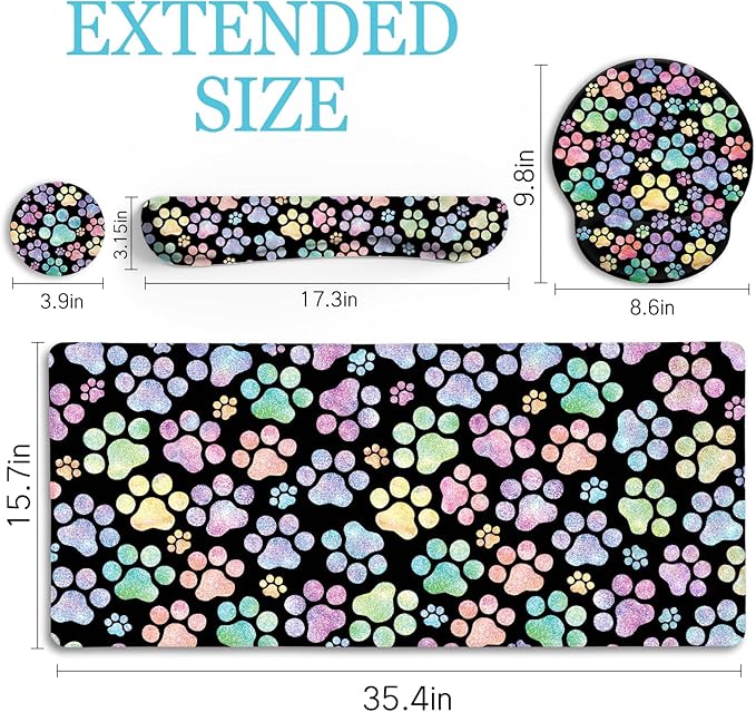 Dog Paw Mouse Pad Set XXL Large Desk Mat Pad Cute Ergonomic Mouse Pad with Wrist Support Wrist Rest for Computer Keyboard Cup Coaster Cute Cat Paw Office Supplies Desk Decor Accessories