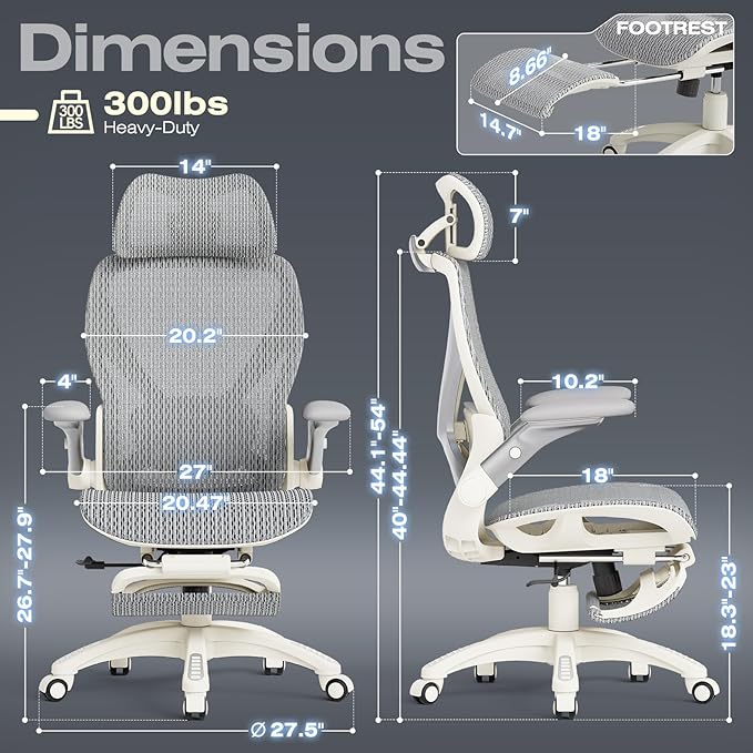 ELABEST X100 Ergonomic Office Chair with Footrest Big and Tall Home Desk Chair with 5D Flip-Up Arms Adjustable 3D Lumbar SupportHigh Back Rolling Computer Chair Swivel Mesh Chairs (Frosted Dawn)