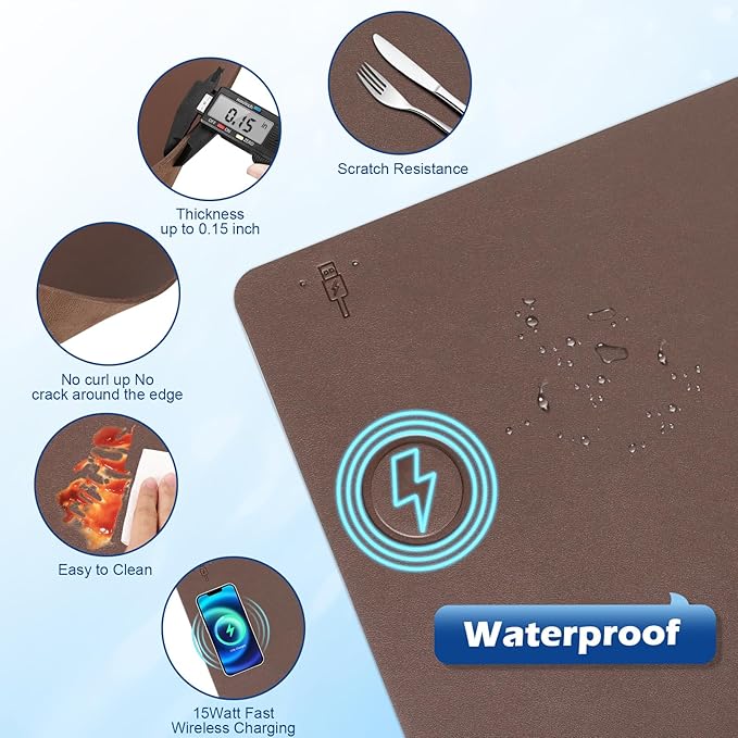 Wireless Charging Desk Mat with Desk Pad for Desktop Charging Large Mouse Pad Waterproof Leather Computer Mat Mouse Pad Non-Slip Protector on Top of Desks for Keyboard and Mouse (brown-l 32*16inch)