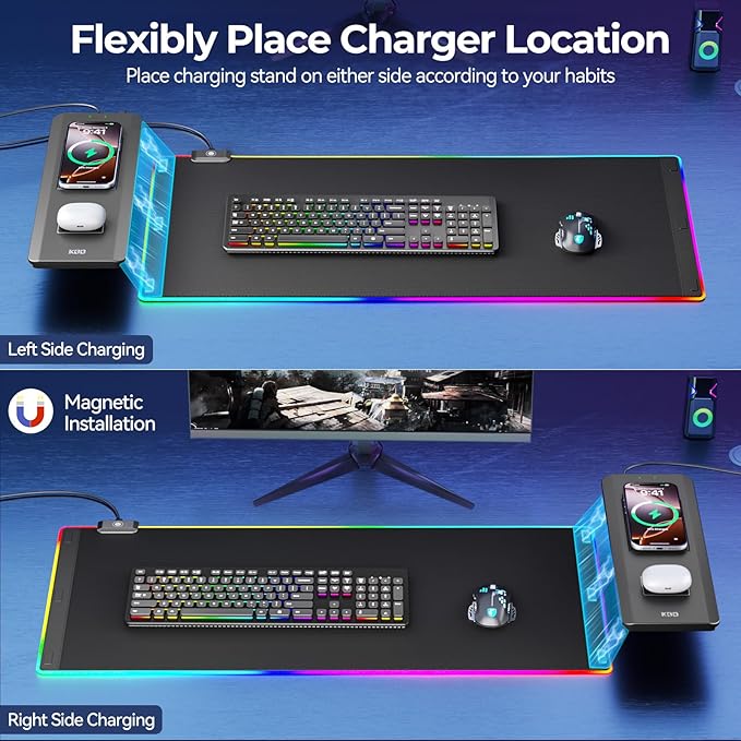 KDD Mouse Pad with Foldable Phone Holder - Wireless Charging Desk Mat 15W Fast - RGB Gaming Mousepad with Ultra-Smooth Surface Non-Slip Base - Keyboard Mat for Home Office Gamer Desk Accessories