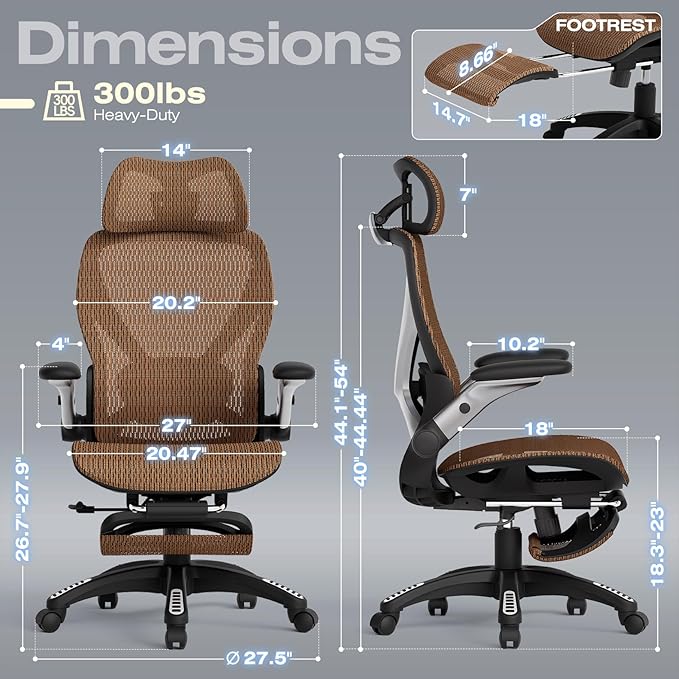 ELABEST X100 Ergonomic Office Chair with Footrest Big and Tall Home Desk Chair with 5D Flip-Up Arms Adjustable 3D Lumbar SupportHigh Back Rolling Computer Chair Swivel Mesh Chairs